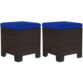 Outsunny 2 Pieces Wicker Outdoor Ottomans with Cushions, Rattan Ottoman Footrest & Side Table for Patio Yard Poolside, Dark Blue