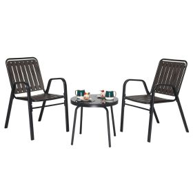 3 Piece Patio Bistro Set with 2 Chairs and 1 Table Black Metal Frame and Brown PP Slatted Surface Outdoor Furniture Set for Garden Balcony Backya