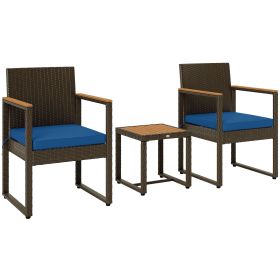 3 Pieces Wicker Patio Furniture Set, Rattan Bistro Set w/ Acacia Wood Table & Removable Cushions, Dark Blue