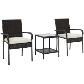 3 Piece Wicker Patio Furniture Set with Stackable Chairs, Washable Cushion, Tempered Glass Top, for Backyard, Brown