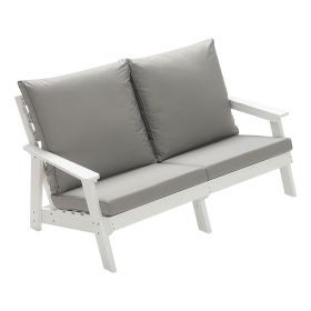 HIPS Loveseat with Cushion, Wood Grain Outdoor Garden Sofa,White/Grey (Color: as Pic)