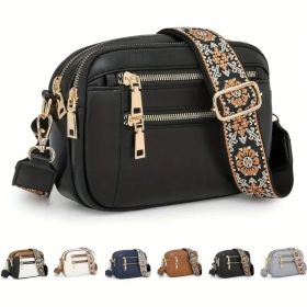 Handmade Women's Multi-Compartment Crossbody Bag & Wallet With Adjustable Strap, Golden-Tone Hardware, Zipper Closure - Premium Second-Layer Leat (Option: Black)